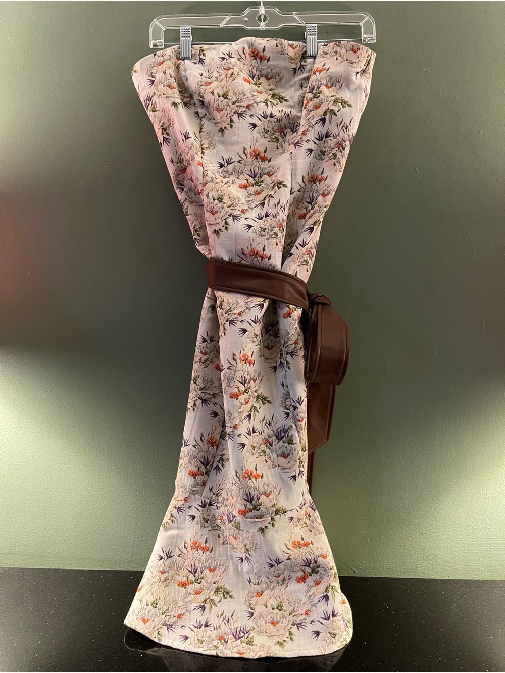 Floral Cream Silk Scarf with Brown Belt Accent